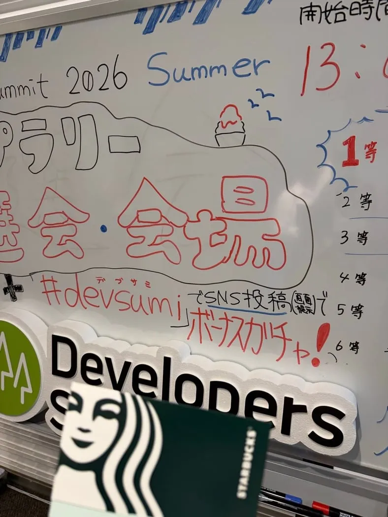 Developers Summit 2026 Summerの会場ボードと参加記念品
