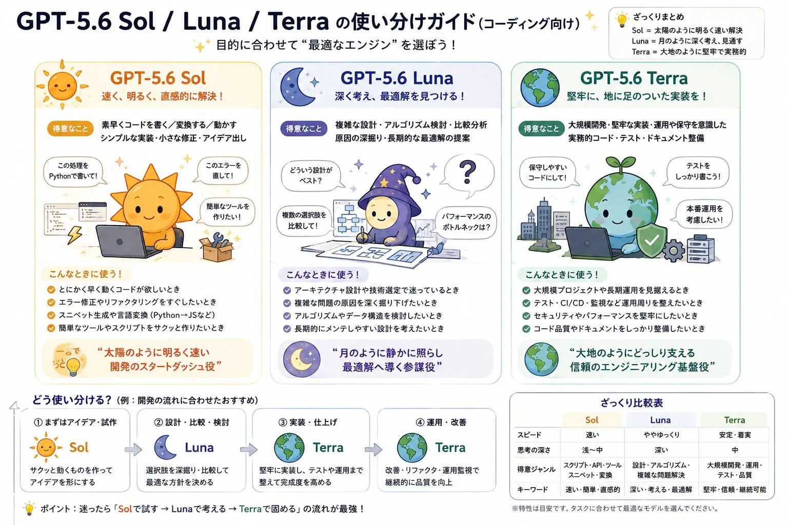 GPT-5.6 Sol、Luna、Terraの役割を最初の仮説として整理した図