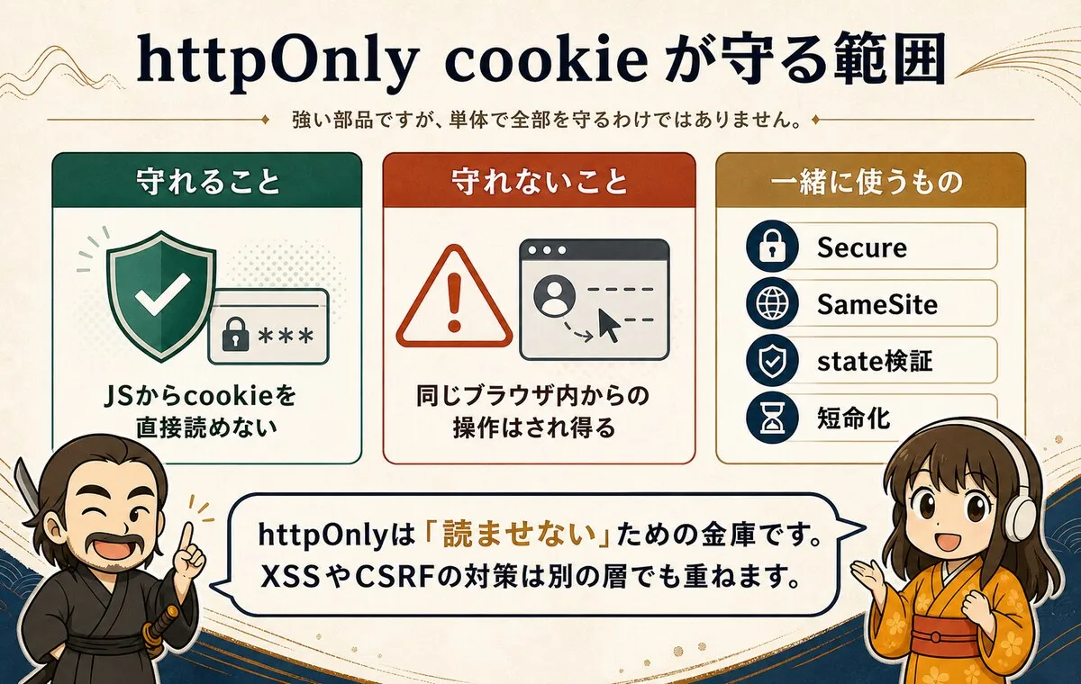 httpOnly cookie が守る範囲と、別途対策が必要な範囲を整理した図