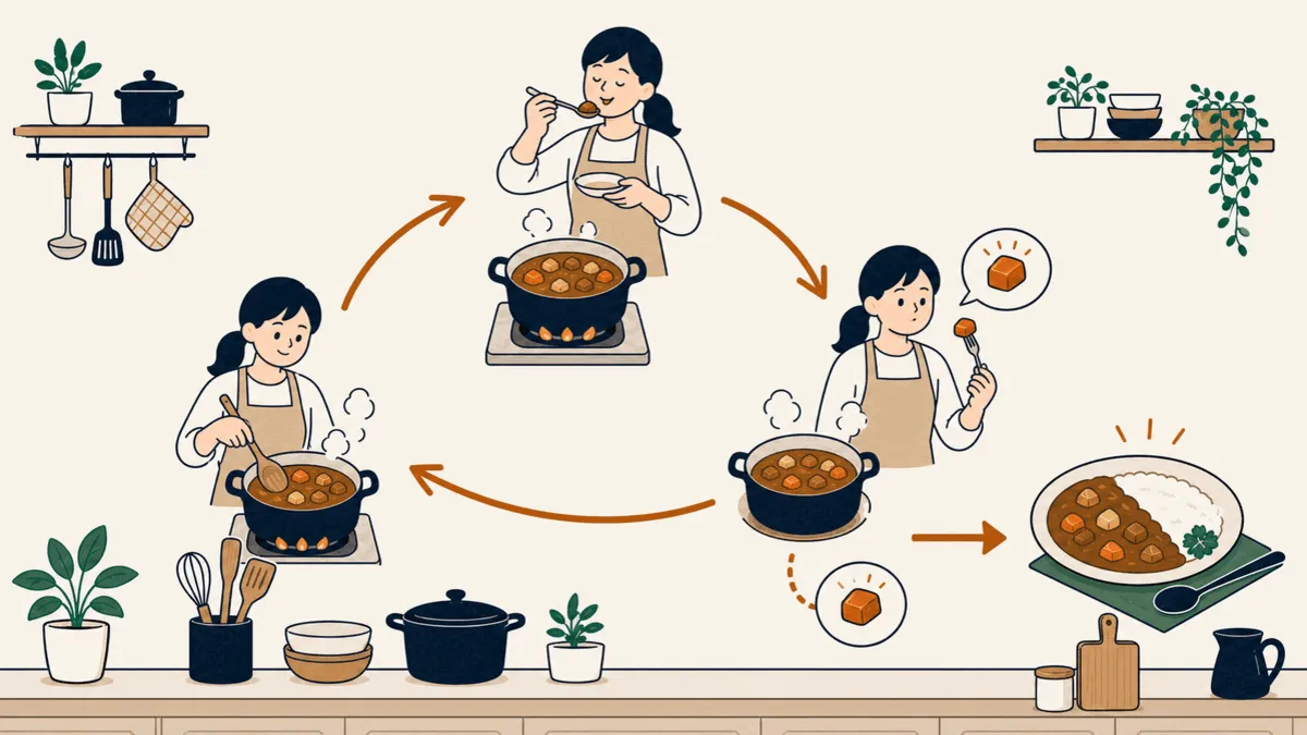カレーを混ぜ、味見し、野菜のやわらかさを確かめ、完成するまで戻る繰り返し処理