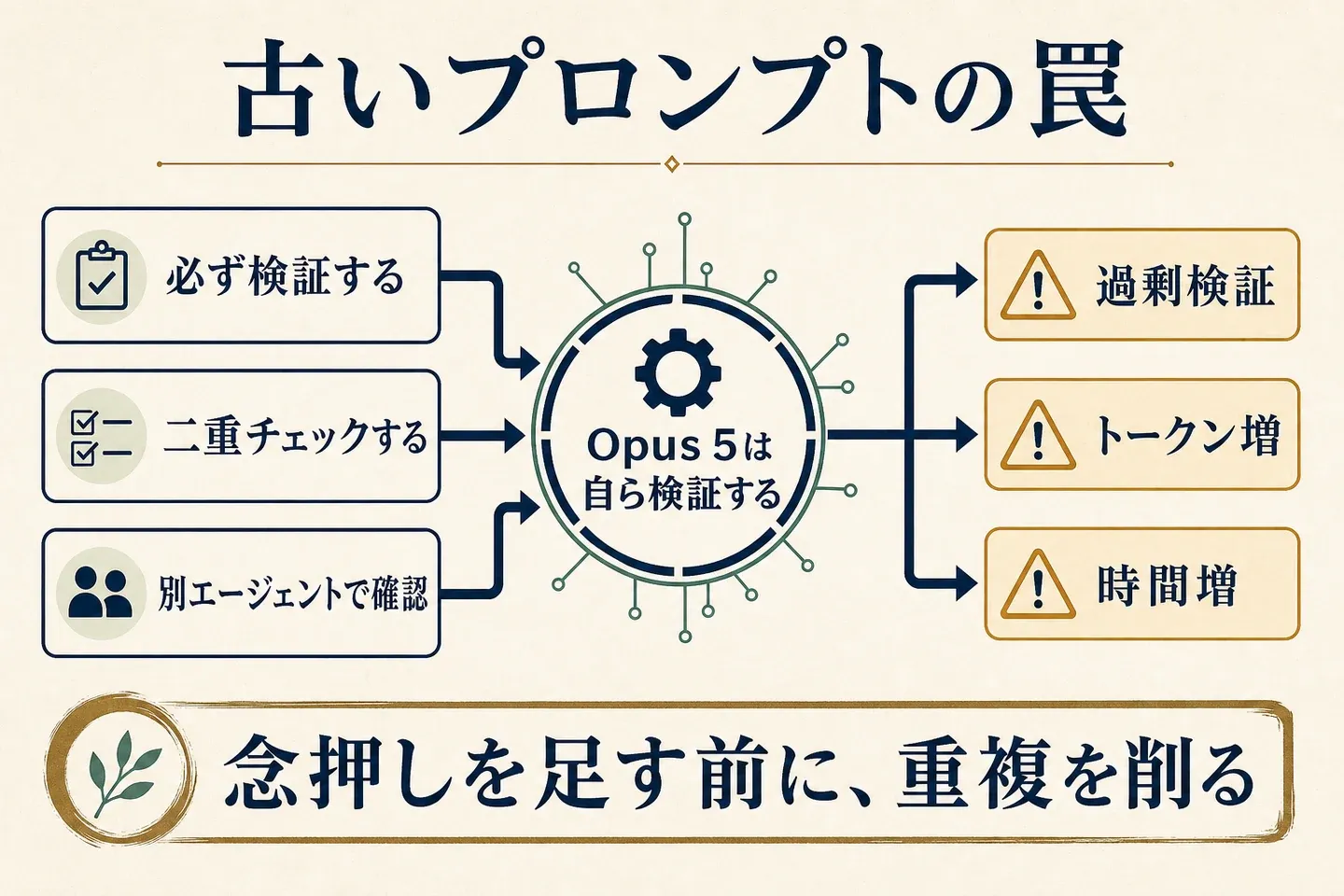 古い検証指示がOpus 5の標準動作と重複する
