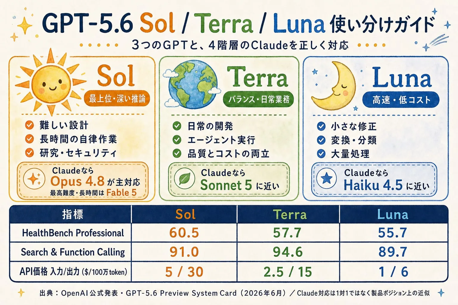 GPT-5.6 Sol、Terra、Lunaの正しい役割、Claude対応、公式ベンチマークをまとめた比較図