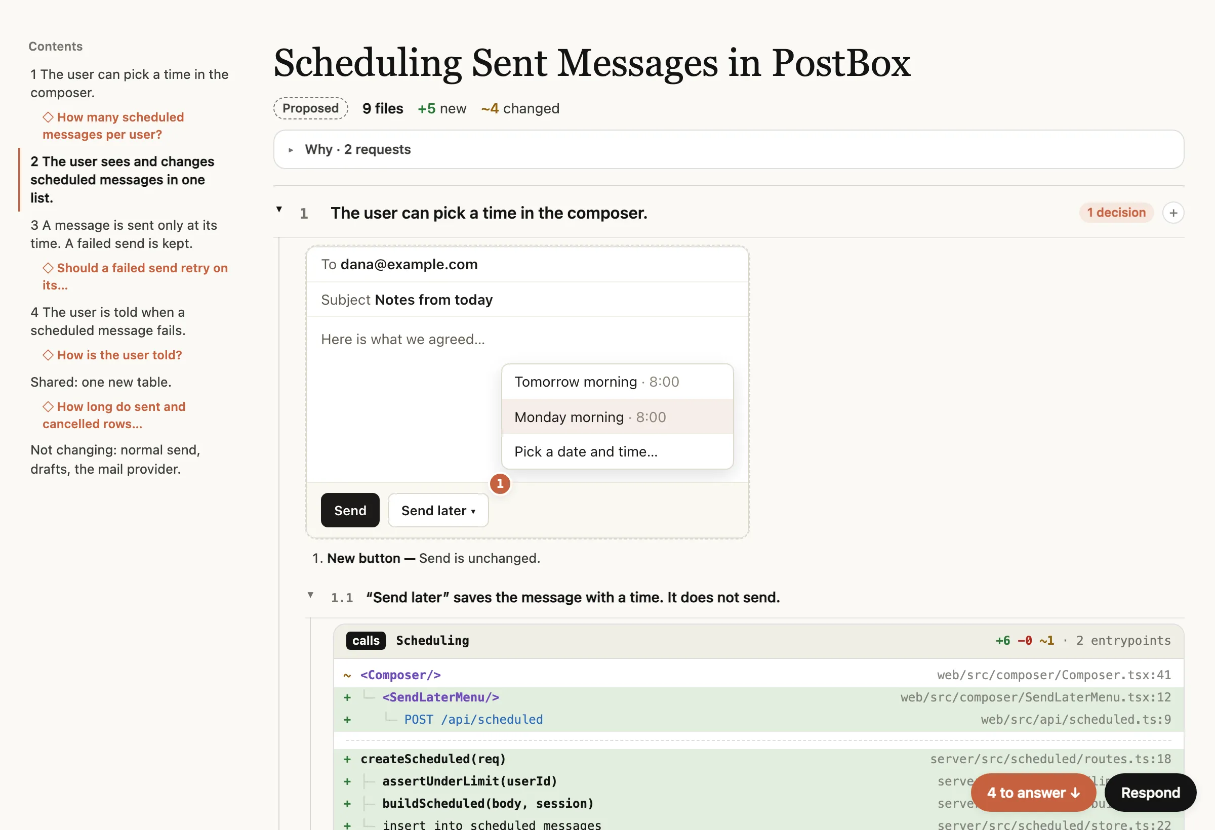 第 1 階層の主張を開いた画面。メール作成画面のモックアップに「Send later」ボタンと時刻メニューが描かれ、「New button — Send is unchanged.」という注記が付く。その下に第 2 階層「1.1 “Send later” saves the message with a time. It does not send.」が開き、Composer から createScheduled、insert into scheduled_messages までの呼び出しの流れが、ファイル名と行番号つきで並ぶ