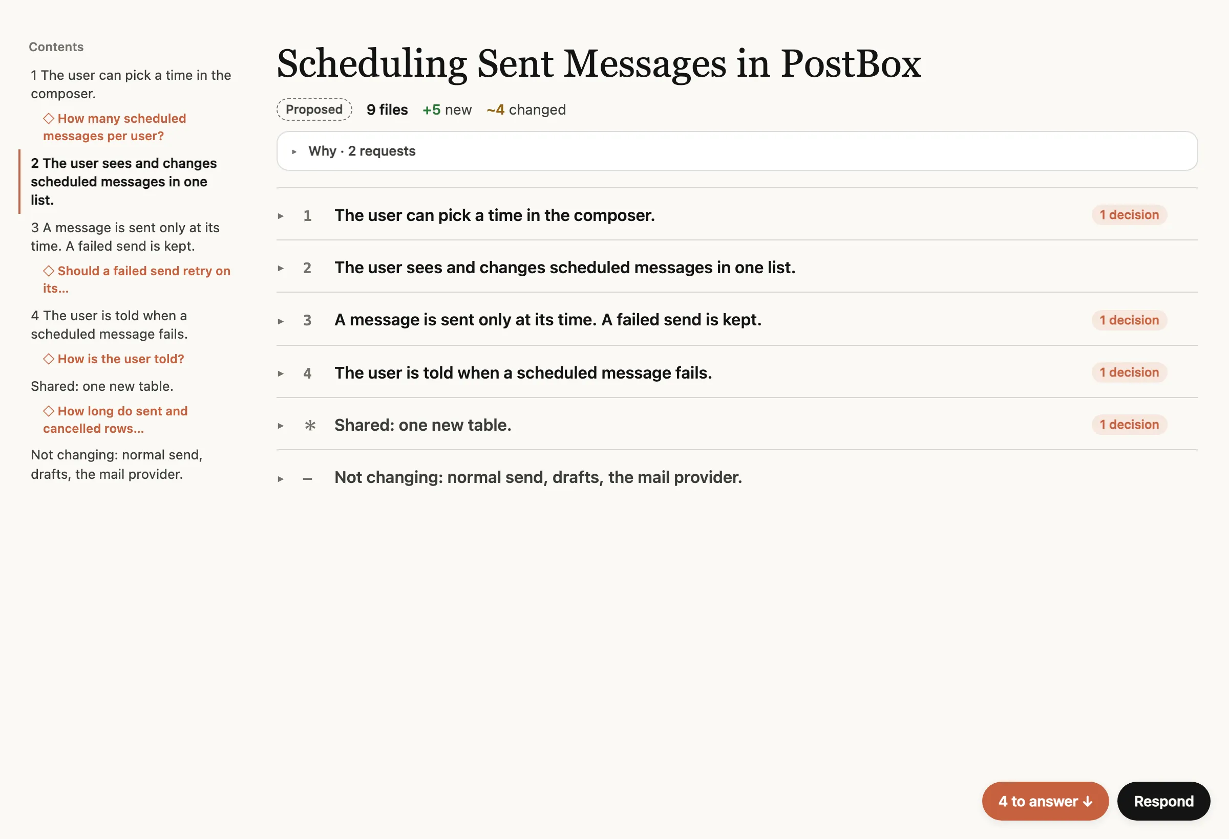 html-plan のサンプル計画を開いた直後の画面。タイトル「Scheduling Sent Messages in PostBox」の下に、変更ファイル数（9 files、+5 new、~4 changed）と、4 つのふるまいの主張、共有データ、変更しないものの 6 行が並ぶ。右下に「4 to answer」と「Respond」ボタンがある