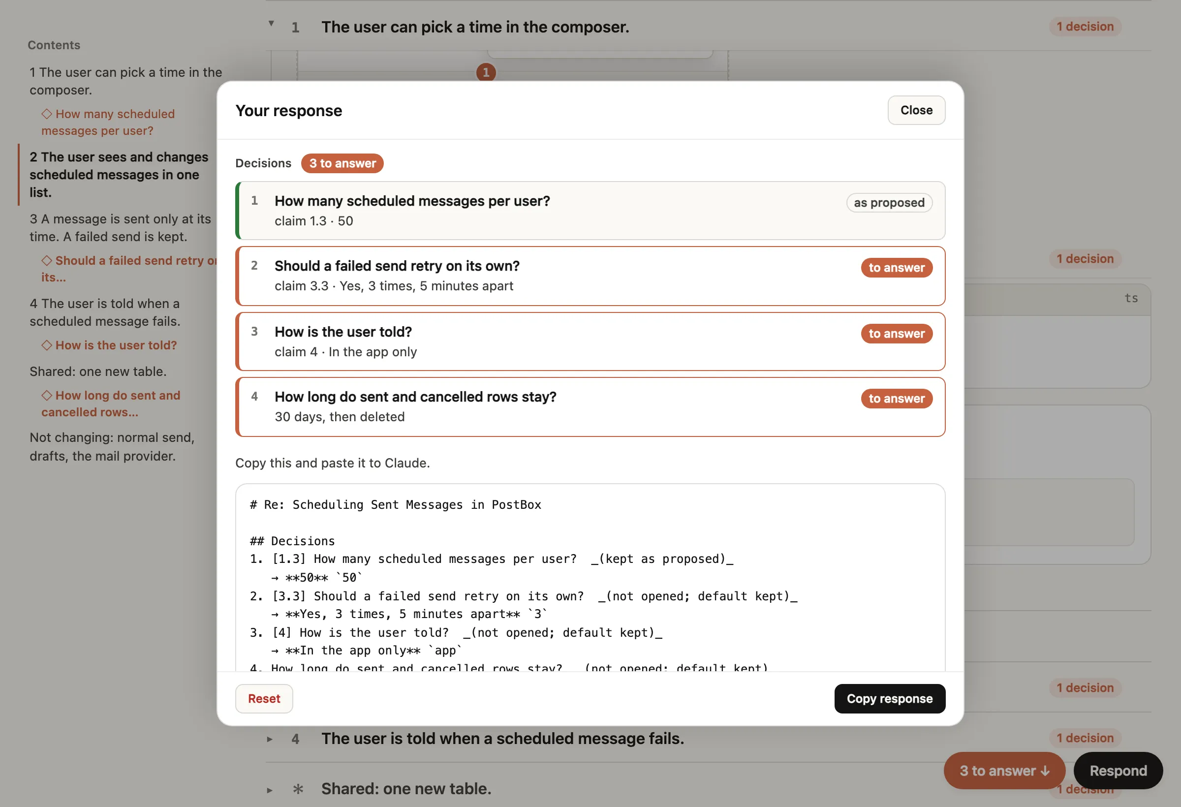 Respond を押したときの「Your response」シート。上部に 4 つの判断ポイントの一覧があり、1 番は「as proposed」、残り 3 つは「to answer」と表示される。下部に「# Re: Scheduling Sent Messages in PostBox」で始まる Markdown の返信文が表示され、右下に「Copy response」ボタンがある