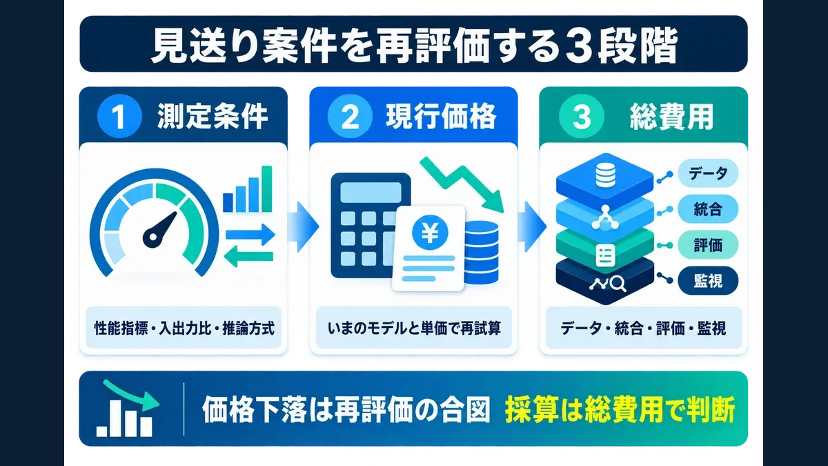 見送り案件を、測定定義、現行価格、総費用の順に再評価する3段階の日本語インフォグラフィック